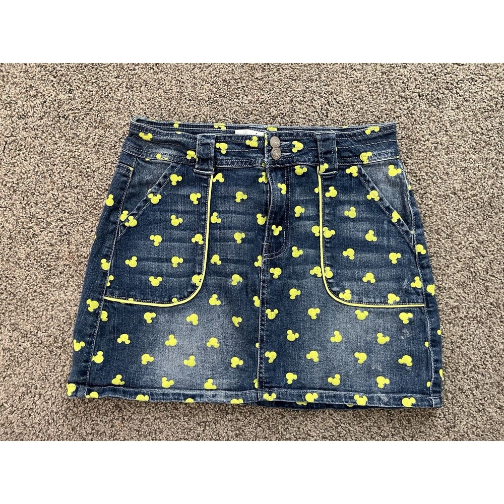Disney Parks Womens Juniors Denim Skirt Mickey Mouse Neon Head Icon Size M
